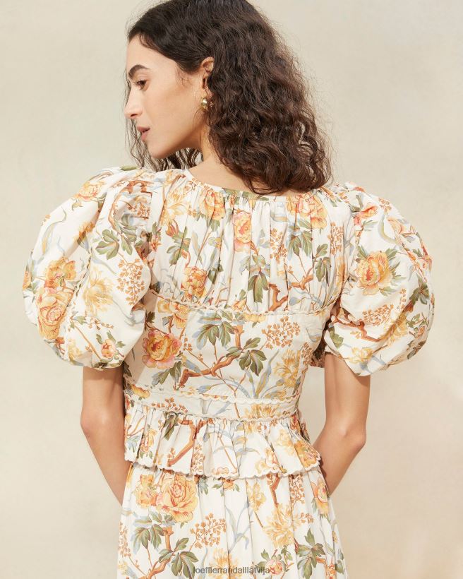 sievietes anna puff-sleeve peplum tops krēms botāniskais ziedu Loeffler Randall drēbes PJ4VVD206