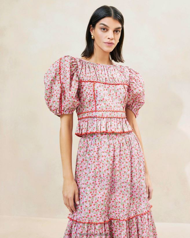 sievietes anna zemeņu puff-sleeve peplum tops zemeņu apdruka Loeffler Randall drēbes PJ4VVD205