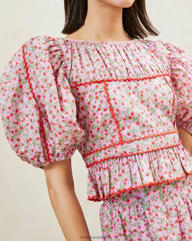 sievietes anna zemeņu puff-sleeve peplum tops zemeņu apdruka Loeffler Randall drēbes PJ4VVD205