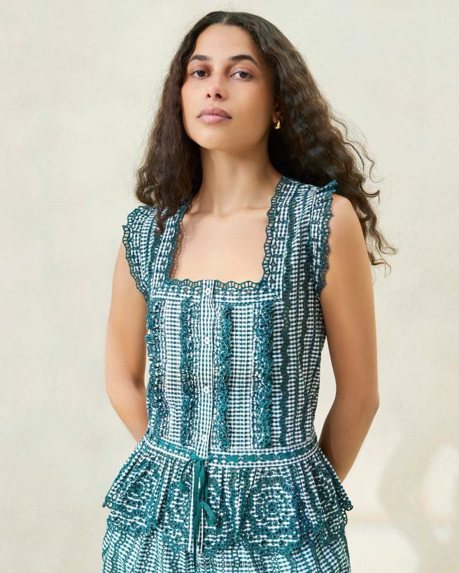 sievietes arden ķemmēta blūze mini zaļais gingham Loeffler Randall drēbes PJ4VVD204