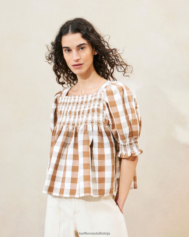 sievietes lydie smocked top brūnais gingham Loeffler Randall drēbes PJ4VVD210