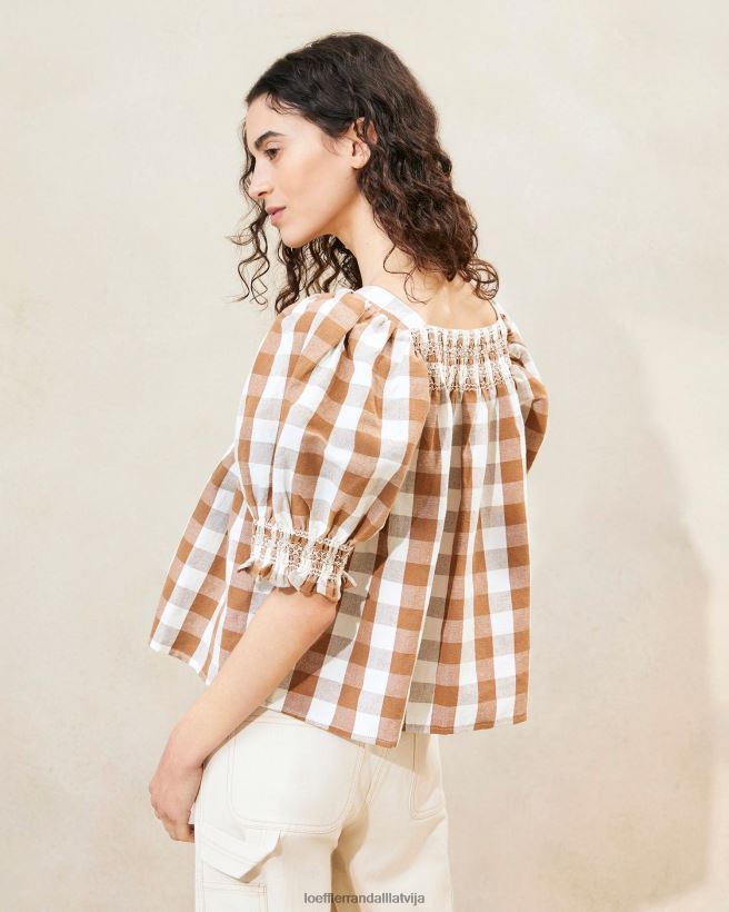 sievietes lydie smocked top brūnais gingham Loeffler Randall drēbes PJ4VVD210