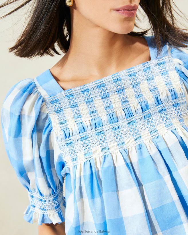sievietes lydie smocked top zils gingham Loeffler Randall drēbes PJ4VVD199
